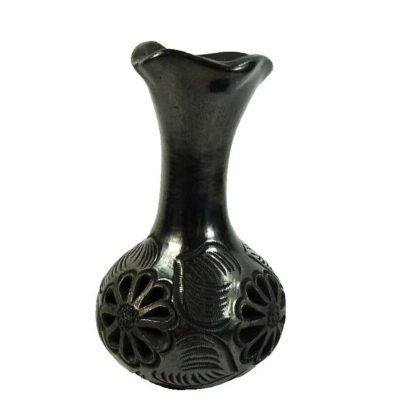 Black Floral Pottery Vase Dona Rosa Oaxaca Mexico Whimsigoth Dark Romantic Decor - Picture 4 of 7